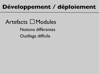 Développement / déploiement
Artefacts ≠ Modules
Notions différentes
Outillage diffcile
 