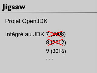 Jigsaw
Projet OpenJDK
Intégré au JDK 7
9 (2016)
8 (2012)
(2008)
. . .
 