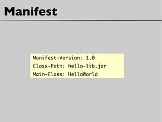 Manifest
Manifest-Version: 1.0
Class-Path: hello-lib.jar
Main-Class: HelloWorld
 