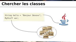 Chercher les classes

 String hello = "Bonjour Devoxx";
 MyStuff var;




                                            T H
                                       PA
                                    SS
                                 LA
                               C
 