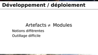 Développement / déploiement



          Artefacts ≠ Modules
   Notions différentes
   Outillage difficile
 