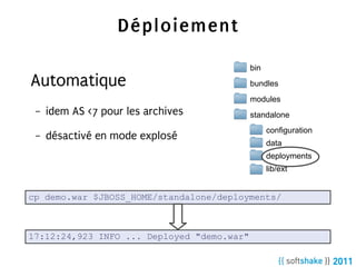Déploiement
                                            bin
Automatique                                 bundles
                                            modules
 –   idem AS <7 pour les archives           standalone
                                                  configuration
 –   désactivé en mode explosé
                                                  data
                                                  deployments
                                                  lib/ext


cp demo.war $JBOSS_HOME/standalone/deployments/



17:12:24,923 INFO ... Deployed "demo.war"
 