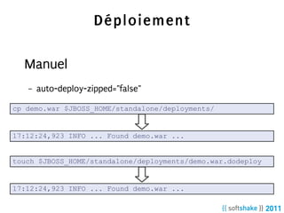 Déploiement

  Manuel
   –   auto-deploy-zipped="false"

cp demo.war $JBOSS_HOME/standalone/deployments/


17:12:24,923 INFO ... Found demo.war ...


touch $JBOSS_HOME/standalone/deployments/demo.war.dodeploy


17:12:24,923 INFO ... Found demo.war ...
 
