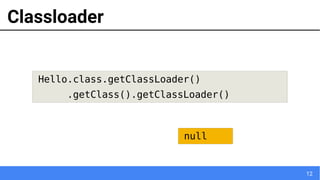 12
Classloader
null
Hello.class.getClassLoader()
.getClass().getClassLoader()
 
