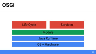39
OSGi
OS + Hardware
Java Runtime
Module
Life Cycle Services
 