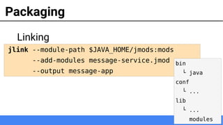 71
Packaging
Linking
jlink --module-path $JAVA_HOME/jmods:mods
--add-modules message-service.jmod
--output message-app
bin
└ java
conf
└ ...
lib
└ ...
modules
 