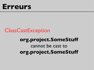 Erreurs
ClassCastException
org.project.SomeStuff
cannot be cast to
org.project.SomeStuff
 