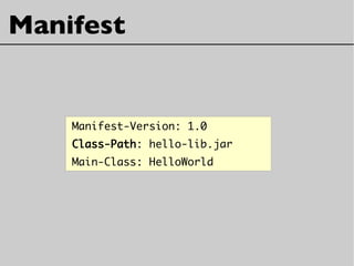 Manifest
Manifest-Version: 1.0
Class-Path: hello-lib.jar
Main-Class: HelloWorld
 