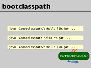 BootstrapClassLoader
bootclasspath
java -Xbootclasspath/p:hello-lib.jar ...
java -Xbootclasspath:hello-rt.jar ...
java -Xbootclasspath/a:hello-lib.jar ...
 