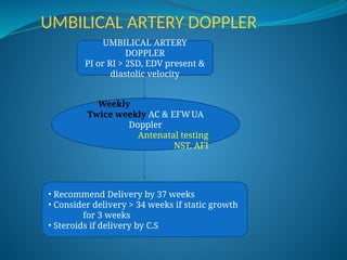 UMBILICAL ARTERY DOPPLER
UMBILICAL ARTERY
DOPPLER
PI or RI > 2SD, EDV present &
diastolic velocity
Weekly
Twice weekly AC & EFWUA
Doppler
Antenatal testing
NST, AFI
• Recommend Delivery by 37 weeks
• Consider delivery > 34 weeks if static growth
for 3 weeks
• Steroids if delivery by C.S
 