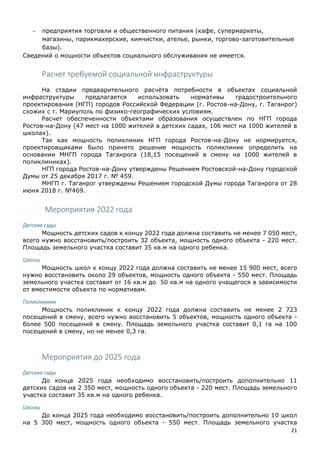 21
 предприятия торговли и общественного питания (кафе, супермаркеты,
магазины, парикмахерские, химчистки, ателье, рынки, торгово-заготовительные
базы).
Сведений о мощности объектов социального обслуживания не имеется.
Расчет требуемой социальной инфраструктуры
На стадии предварительного расчёта потребности в объектах социальной
инфраструктуры предлагается использовать нормативы градостроительного
проектирования (НГП) городов Российской Федерации (г. Ростов-на-Дону, г. Таганрог)
схожих с г. Мариуполь по физико-географических условиям.
Расчет обеспеченности объектами образования осуществлен по НГП города
Ростов-на-Дону (47 мест на 1000 жителей в детских садах, 106 мест на 1000 жителей в
школах).
Так как мощность поликлиник НГП города Ростов-на-Дону не нормируется,
проектировщиками было принято решение мощность поликлиник определить на
основании МНГП города Таганрога (18,15 посещений в смену на 1000 жителей в
поликлиниках).
НГП города Ростов-на-Дону утверждены Решением Ростовской-на-Дону городской
Думы от 25 декабря 2017 г. № 459.
МНГП г. Таганрог утверждены Решением городской Думы города Таганрога от 28
июня 2018 г. №469.
Мероприятия 2022 года
Детские сады
Мощность детских садов к концу 2022 года должна составить не менее 7 050 мест,
всего нужно восстановить/построить 32 объекта, мощность одного объекта - 220 мест.
Площадь земельного участка составит 35 кв.м на одного ребенка.
Школы
Мощность школ к концу 2022 года должна составить не менее 15 900 мест, всего
нужно восстановить около 29 объектов, мощность одного объекта - 550 мест. Площадь
земельного участка составит от 16 кв.м до 50 кв.м на одного учащегося в зависимости
от вместимости объекта по нормативам.
Поликлиники
Мощность поликлиник к концу 2022 года должна составить не менее 2 723
посещений в смену, всего нужно восстановить 5 объектов, мощность одного объекта -
более 500 посещений в смену. Площадь земельного участка составит 0,1 га на 100
посещений в смену, но не менее 0,3 га.
Мероприятия до 2025 года
Детские сады
До конца 2025 года необходимо восстановить/построить дополнительно 11
детских садов на 2 350 мест, мощность одного объекта - 220 мест. Площадь земельного
участка составит 35 кв.м на одного ребенка.
Школы
До конца 2025 года необходимо восстановить/построить дополнительно 10 школ
на 5 300 мест, мощность одного объекта - 550 мест. Площадь земельного участка
 