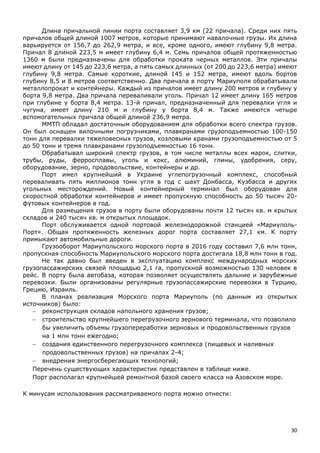 30
Длина причальной линии порта составляет 3,9 км (22 причала). Среди них пять
причалов общей длиной 1007 метров, которые принимают навалочные грузы. Их длина
варьируется от 156,7 до 262,9 метра, и все, кроме одного, имеют глубину 9,8 метра.
Причал 8 длиной 223,5 м имеет глубину 6,4 м. Семь причалов общей протяженностью
1360 м были предназначены для обработки проката черных металлов. Эти причалы
имеют длину от 145 до 223,6 метра, а пять самых длинных (от 200 до 223,6 метра) имеют
глубину 9,8 метра. Самые короткие, длиной 145 и 152 метра, имеют вдоль бортов
глубину 8,5 и 8 метров соответственно. Два причала в порту Мариуполя обрабатывали
металлопрокат и контейнеры. Каждый из причалов имеет длину 200 метров и глубину у
борта 9,8 метра. Два причала переваливали уголь. Причал 12 имеет длину 165 метров
при глубине у борта 8,4 метра. 13-й причал, предназначенный для перевалки угля и
чугуна, имеет длину 210 м и глубину у борта 8,4 м. Также имеются четыре
вспомогательных причала общей длиной 236,9 метра.
ММТП обладал достаточным оборудованием для обработки всего спектра грузов.
Он был оснащен вилочными погрузчиками, плавкранами грузоподъемностью 100-150
тонн для перевалки тяжеловесных грузов, козловыми кранами грузоподъемностью от 5
до 50 тонн и тремя плавкранами грузоподъемностью 16 тонн.
Обрабатывал широкий спектр грузов, в том числе металлы всех марок, слитки,
трубы, руды, ферросплавы, уголь и кокс, алюминий, глины, удобрения, серу,
оборудование, зерно, продовольствие, контейнеры и др.
Порт имел крупнейший в Украине углепогрузочный комплекс, способный
переваливать пять миллионов тонн угля в год с шахт Донбасса, Кузбасса и других
угольных месторождений. Новый контейнерный терминал был оборудован для
скоростной обработки контейнеров и имеет пропускную способность до 50 тысяч 20-
футовых контейнеров в год.
Для размещения грузов в порту были оборудованы почти 12 тысяч кв. м крытых
складов и 240 тысяч кв. м открытых площадок.
Порт обслуживается одной портовой железнодорожной станцией «Мариуполь-
Порт». Общая протяженность железных дорог порта составляет 27,1 км. К порту
примыкают автомобильные дороги.
Грузооборот Мариупольского морского порта в 2016 году составил 7,6 млн тонн,
пропускная способность Мариупольского морского порта достигала 18,8 млн тонн в год.
Не так давно был введен в эксплуатацию комплекс международных морских
грузопассажирских связей площадью 2,1 га, пропускной возможностью 130 человек в
рейс. В порту была автобаза, которая позволяет осуществлять дальние и зарубежные
перевозки. Были организованы регулярные грузопассажирские перевозки в Турцию,
Грецию, Израиль.
В планах реализация Морского порта Мариуполь (по данным из открытых
источников) было:
 реконструкция складов напольного хранения грузов;
 строительство крупнейшего перегрузочного зернового терминала, что позволило
бы увеличить объемы грузопереработки зерновых и продовольственных грузов
на 1 млн тонн ежегодно;
 создания единственного перегрузочного комплекса (пищевых и наливных
продовольственных грузов) на причалах 2-4;
 внедрения энергосберегающих технологий;
Перечень существующих характеристик представлен в таблице ниже.
Порт располагал крупнейшей ремонтной базой своего класса на Азовском море.
К минусам использования рассматриваемого порта можно отнести:
 