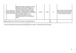 96
* Курс доллара США на дату расчета (02.06.2022) составляет 1 доллар США=61,4733 руб.
6
ООО «Абинский
ЭлектроМеталлу
ргический завод
Завод выпускает непрерывно-литую
заготовку сечением 130x130 мм и
150x150 мм длиной до 12000 мм и
сортовой прокат в мерных длинах
гладкого и периодического профиля
номинальным диаметром от 8,0 мм до
32 мм. Сегодня завод – это
электросталеплавильный цех,
сортопрокатный цех, кислородный
завод.
11 045 1 780 6
https://nlmk.com/ru/sustainabili
ty/environment/nlmk-kaluga-a-
steel-mill-with-state-of-the-art-
environmental-technology/
Средневзвешенное значение стоимости млн.руб/раб.место 36 -
 