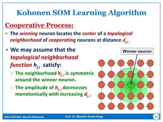 ASU-CSC445: Neural Networks Prof. Dr. Mostafa Gadal-Haqq 24
Kohonen SOM Learning Algorithm
Cooperative Process:
 The winning neuron locates the center of a topological
neighborhood of cooperating neurons at distance dj,i .
Winner neuron We may assume that the
topological neighborhood
function hj,i satisfy:
 The neighborhood hj, i is symmetric
around the winner neuron.
 The amplitude of hj, i decreasses
monotonically with increasing dj, i
 