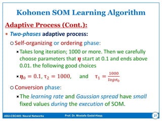 ASU-CSC445: Neural Networks Prof. Dr. Mostafa Gadal-Haqq 27
Kohonen SOM Learning Algorithm
Adaptive Process (Cont.):
 Two-phases adaptive process:
 Self-organizing or ordering phase:
Takes long iteration; 1000 or more. Then we carefully
choose parameters that 𝜼 start at 0.1 and ends above
0.01. the following good choices
 𝜼0 = 0.1, τ2 = 1000, and τ1 =
1000
𝑙𝑜𝑔𝜎0
 Conversion phase:
The learning rate and Gaussian spread have small
fixed values during the execution of SOM.
 