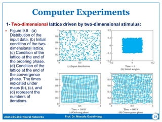 ASU-CSC445: Neural Networks Prof. Dr. Mostafa Gadal-Haqq 29
Computer Experiments
 Figure 9.8 (a)
Distribution of the
input data. (b) Initial
condition of the two-
dimensional lattice.
(c) Condition of the
lattice at the end of
the ordering phase.
(d) Condition of the
lattice at the end of
the convergence
phase. The times
indicated under
maps (b), (c), and
(d) represent the
numbers of
iterations.
1- Two-dimensional lattice driven by two-dimensional stimulus:
 