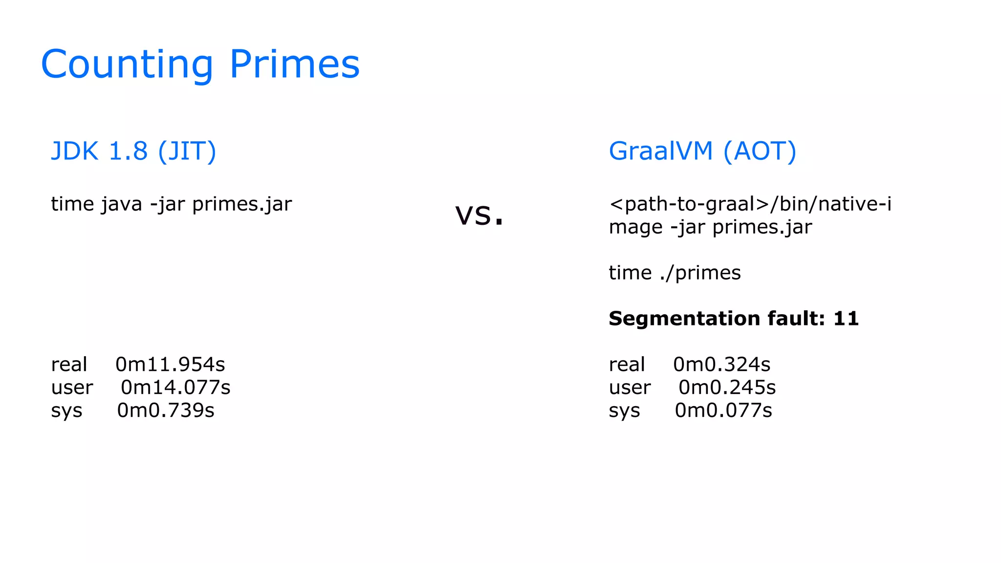 JDK 1.8 (JIT)
time java -jar primes.jar
real 0m11.954s
user 0m14.077s
sys 0m0.739s
vs.
GraalVM (AOT)
<path-to-graal>/bin/native-i
mage -jar primes.jar
time ./primes
Segmentation fault: 11
real 0m0.324s
user 0m0.245s
sys 0m0.077s
Counting Primes
 