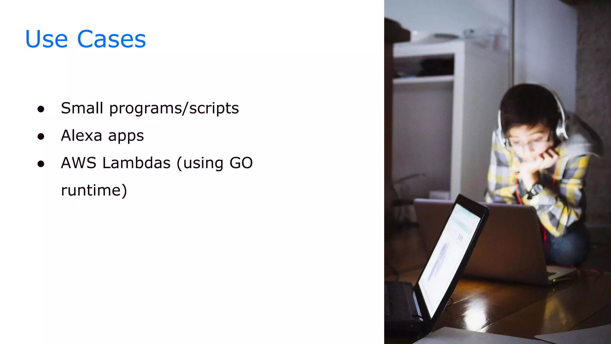 ● Small programs/scripts
● Alexa apps
● AWS Lambdas (using GO
runtime)
Use Cases
 