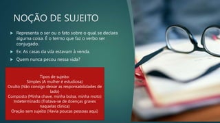 NOÇÃO DE SUJEITO
 Representa o ser ou o fato sobre o qual se declara
alguma coisa. É o termo que faz o verbo ser
conjugado.
 Ex: As casas da vila estavam à venda.
 Quem nunca pecou nessa vida?
Tipos de sujeito:
Simples (A mulher é estudiosa)
Oculto (Não consigo deixar as responsabilidades de
lado)
Composto (Minha chave, minha bolsa, minha moto)
Indeterminado (Tratava-se de doenças graves
naquelas clínica)
Oração sem sujeito (Havia poucas pessoas aqui)
 