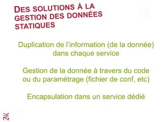 DES SOLUTIONS À LA
GESTION DES DONNÉES
STATIQUES
Duplication de l’information (de la donnée)
dans chaque service
Gestion de la donnée à travers du code
ou du paramétrage (fichier de conf, etc)
Encapsulation dans un service dédié
 