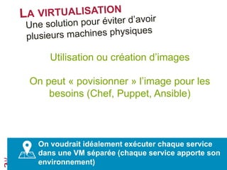 LA VIRTUALISATION
Une solution pour éviter d’avoir
plusieurs machines physiques
L’approche de la virtualisation est intéressante mais
elle a coût
Utilisation ou création d’images
On peut « provisionner » l’image pour les
besoins (Chef, Puppet, Ansible)
On voudrait idéalement exécuter chaque service
dans une VM séparée (chaque service apporte son
environnement)
 