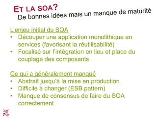 ET LA SOA?
L’enjeu initial du SOA
•  Découper une application monolithique en
services (favorisant la réutilisabilité)
•  Focalisé sur l’intégration en lieu et place du
couplage des composants
Ce qui a généralement manqué
•  Abstrait jusqu’à la mise en production
•  Difficile à changer (ESB pattern)
•  Manque de consensus de faire du SOA
correctement
De bonnes idées mais un manque de maturité
 