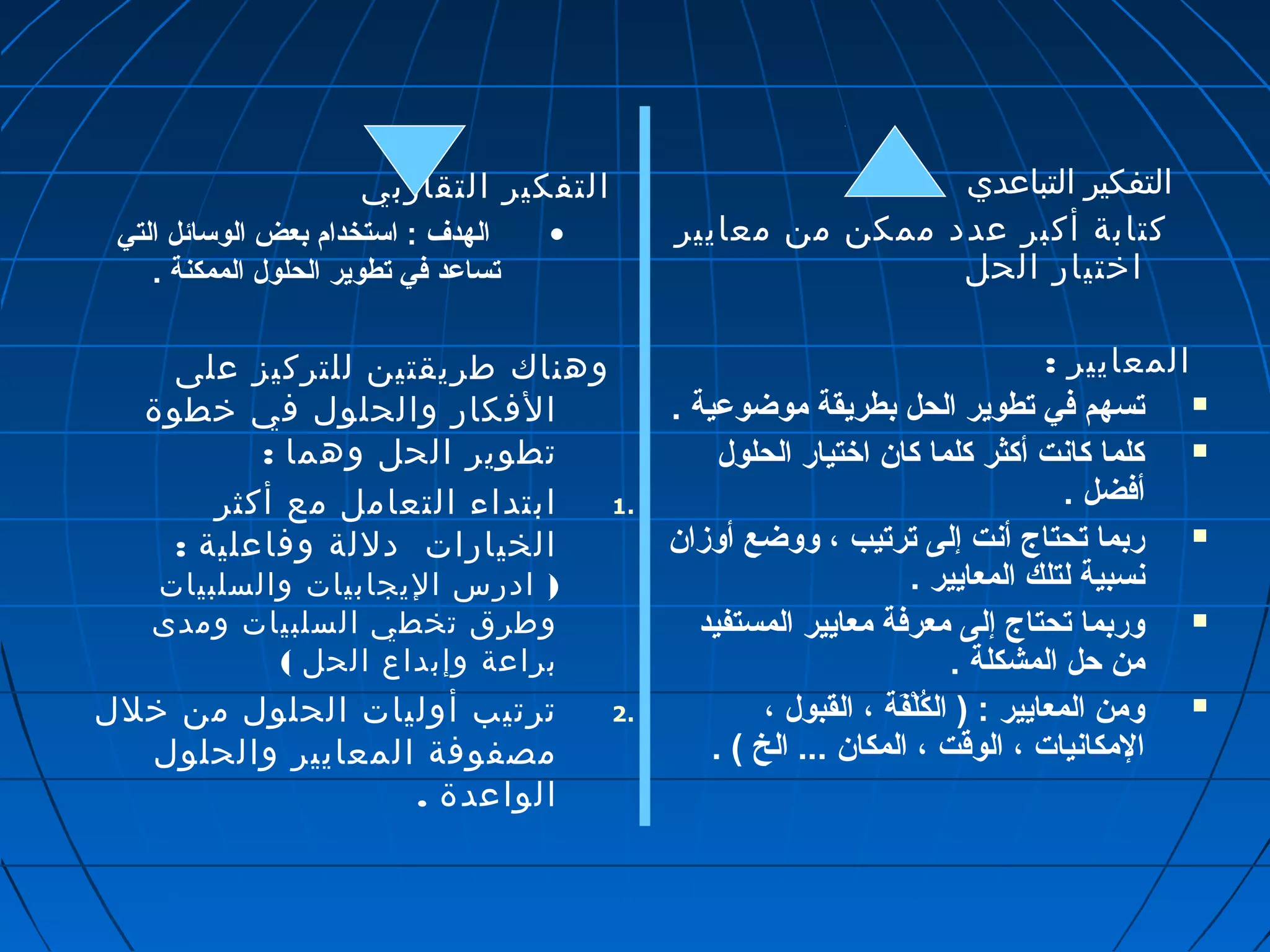 التفكير التقاربي 
• الهدف : استخدام بعض الوسائل التي 
تساعد في تطوير الحلول الممكنة . 
وهناك طريقتين للتركيز على 
الفكار والحلول في خطوة 
تطوير الحل وهما : 
1 ابتداء التعامل مع أكثر . 
الخيارات دللة وفاعلية : 
( ادرس اليجابيات والسلبيات 
وطرق تخطي السلبيات ومدى 
براعة وإبداع الحل ) 
2 ترتيب أوليات الحلول من خلل . 
مصفوفة المعايير والحلول 
الواعدة . 
التفكير التباعدي 
كتابة أكبر عدد ممكن من معايير 
اختيار الحل 
المعايير : 
تسهم في تطوير الحل بطريقة موضوعية .  
كلما كانت أكثر كلما كان اختيار الحلول  
أفضل . 
ربما تحتاج أنت إلى ترتيب ، ووضع أوزان  
نسبية لتلك المعايير . 
وربما تحتاج إلى معرفة معايير المستفيد  
من حل المشكلة . 
ومن المعايير : ( الكُللْفَفَة ة ، القبول ،  
المكانيات ، الوقوت ، المكان ... الخ ) . 
 