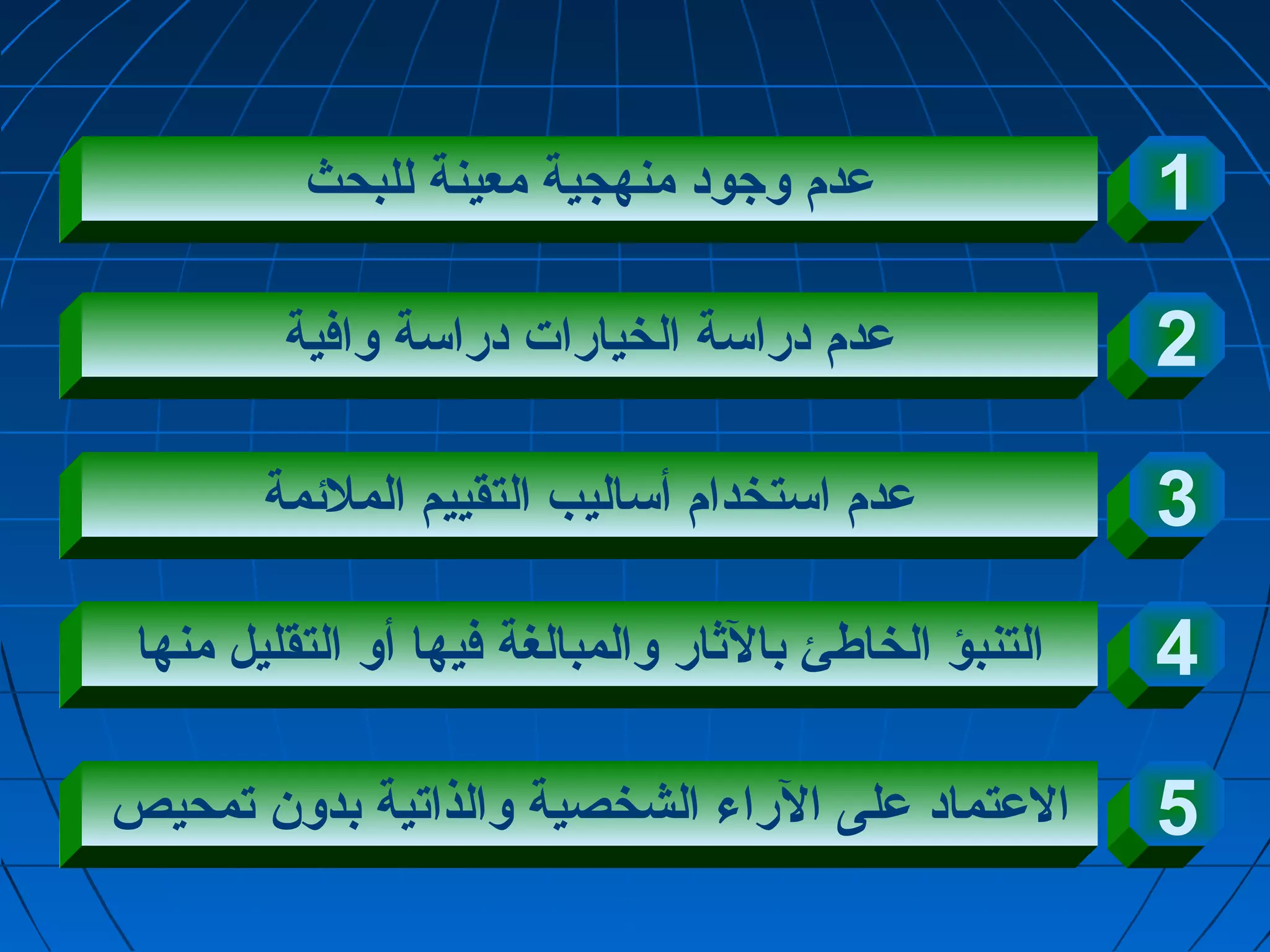 1 عددم وجاود منهجية معينة للبحث 
2 عددم دراسة الخيارات  دراسة وافية 
3 عددم استخدام أساليب التقييم الملئمة 
4 التنبؤ الخاطئ بالثار والمبالغة فيها أو التقليل منها 
5 العدتماد عدلى الراء الشخصية والذاتية بدون تمحيص 
 