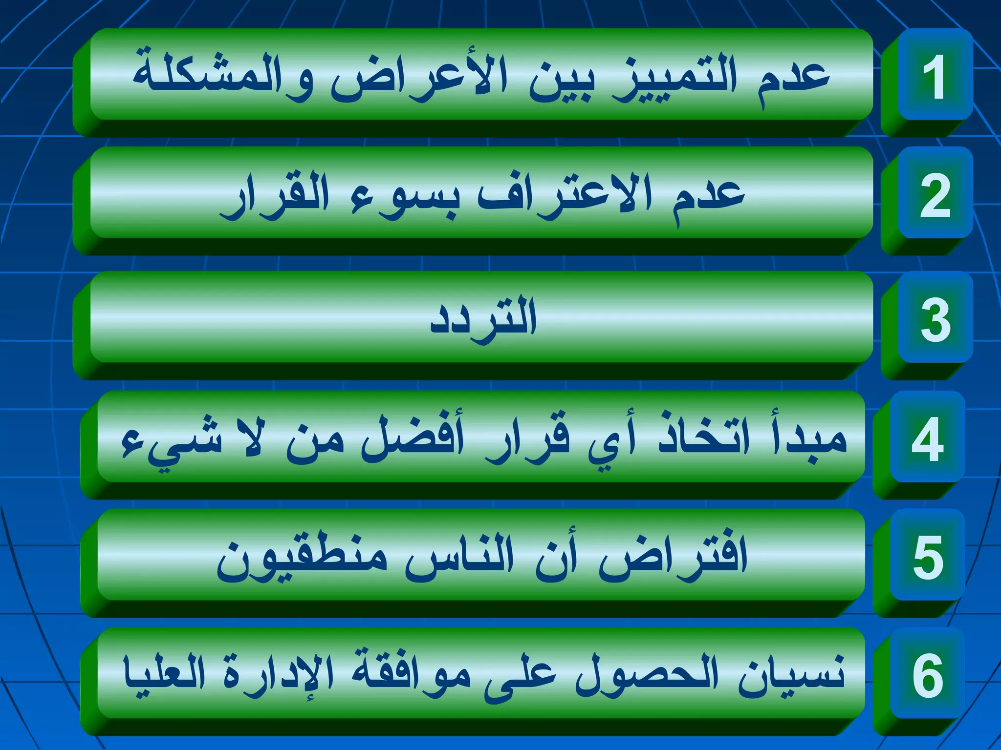 عددم التمييز بين العدراض والمشكلة 
عددم العدتراف بسوء القرار 
التردد 
1 
2 
3 
مبدأ اتخاذ أي قرار أفضل من ل شيء 
افتراض أن الناس منطقيون 
نسيان الحصول عدلى موافقة الدارة العليا 
4 
5 
6 
 