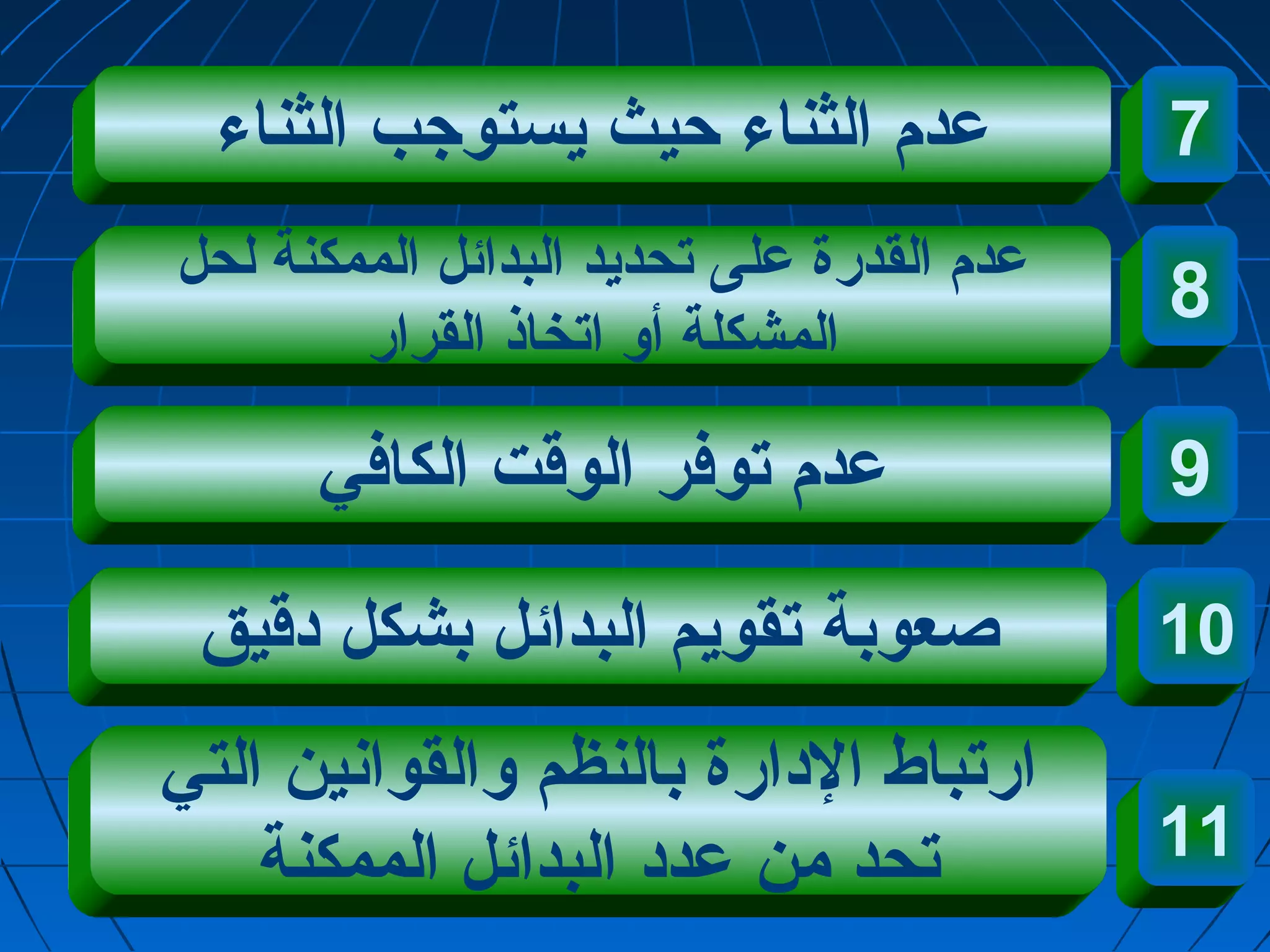 عددم الثناء حيث يستوجاب الثناء 
عددم القدرة عدلى تحديد البدائل الممكنة لحل 
المشكلة أو اتخاذ القرار 
عددم توفر الوقت الكافي 
7 
8 
9 
صعوبة تقويم البدائل بشكل دقيق 
ارتباط الدارة بالنظم والقوانين التي 
تحد من عددد البدائل الممكنة 
10 
11 
 