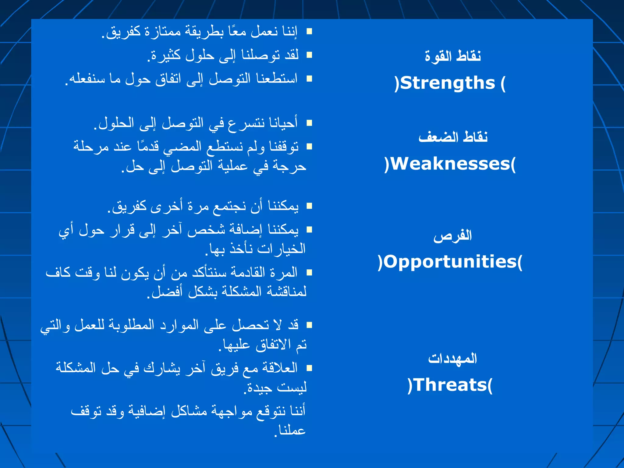 إننا نعمل معًاا بطريقة ممتازة كفريق.  
لقد توصلنا إلى حلول كثيرة.  
استطعنا التوصل إلى اتفاق حول ما سنفعله.  
نقاط القوة 
(Strengths ) 
أحيانا نتسرع في التوصل إلى الحلول.  
توقفنا ولم نستطع المضي قدمًاا عند مرحلة  
حرجة في عملية التوصل إلى حل. 
نقاط الضعف 
(Weaknesses) 
يمكننا أن نجتمع مرة أخرى كفريق.  
يمكننا إضافة شخص آخر إلى قرار حول أي  
الخيارات نأخذ بها. 
المرة القادمة سنتأكد من أن يكون لنا وقت كاف  
لمناقشة المشكلة بشكل أفضل. 
الفرص 
(Opportunities) 
قد ل تحصل على الموارد المطلوبة للعمل والتي  
تم التفاق عليها. 
العلقة مع فريق آخر يشارك في حل المشكلة  
ليست جيدة. 
أننا نتوقع مواجهة مشاكل إضافية وقد توقف 
عملنا. 
المهددات 
(Threats) 
 