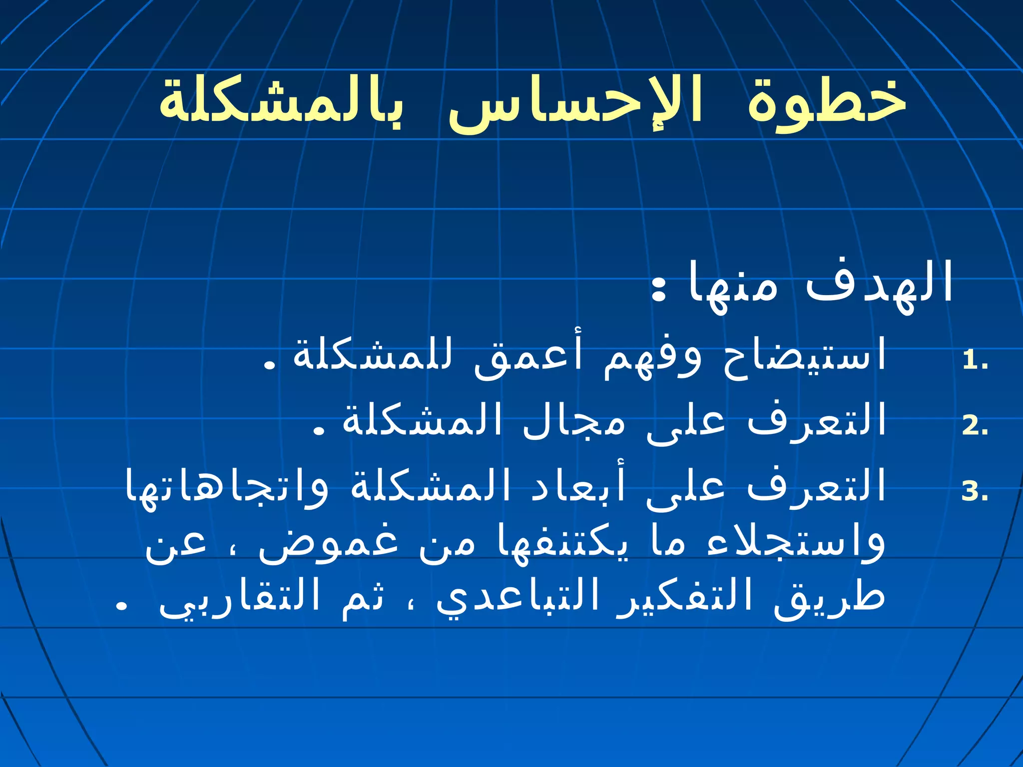 خطوة الحساس بالمشكلة 
الهدف منها : 
1 استيضاح وفهم أعمق للمشكلة . . 
2 التعرف على مجال المشكلة . . 
3 التعرف على أبعاد المشكلة واتجاهاتها . 
واستجلء ما يكتنفها من غموض ، عن 
طريق التفكير التباعدي ، ثم التقاربي . 
 