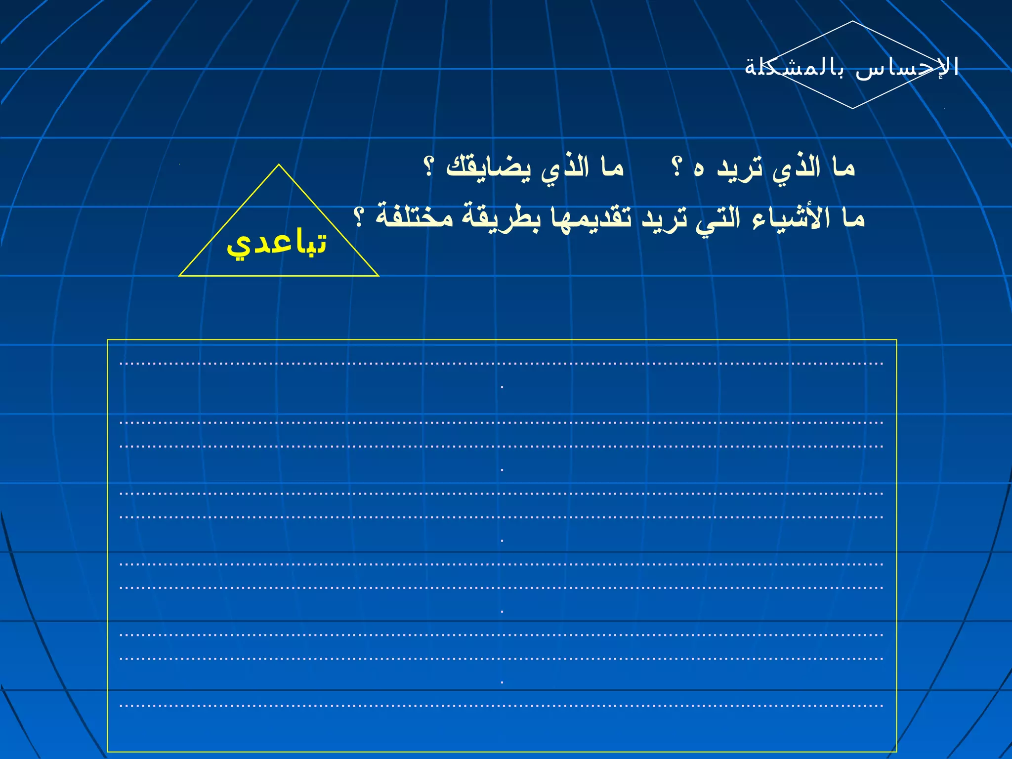 تباعدي 
الحساس بالمشكلة 
ما الذي تريد ه ؟ ما الذي يضايقك ؟ 
ما الشياء التي تريد تقديمها بطريقة مختلفة ؟ 
.......................................................................................................................................... 
. 
.......................................................................................................................................... 
.......................................................................................................................................... 
. 
.......................................................................................................................................... 
.......................................................................................................................................... 
. 
.......................................................................................................................................... 
.......................................................................................................................................... 
. 
.......................................................................................................................................... 
.......................................................................................................................................... 
. 
.......................................................................................................................................... 
 