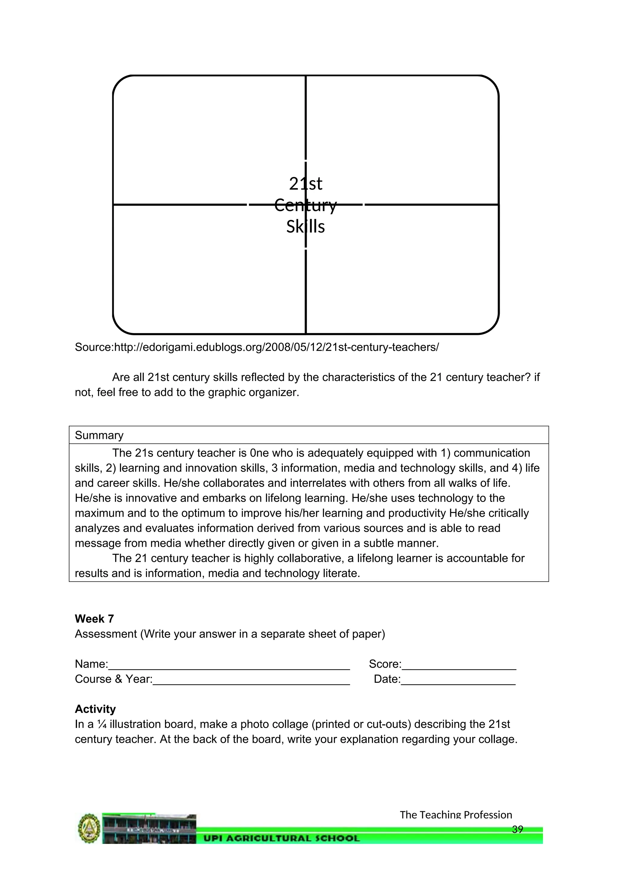 The Teaching Profession
Source:http://edorigami.edublogs.org/2008/05/12/21st-century-teachers/
Are all 21st century skills reflected by the characteristics of the 21 century teacher? if
not, feel free to add to the graphic organizer.
Summary
The 21s century teacher is 0ne who is adequately equipped with 1) communication
skills, 2) learning and innovation skills, 3 information, media and technology skills, and 4) life
and career skills. He/she collaborates and interrelates with others from all walks of life.
He/she is innovative and embarks on lifelong learning. He/she uses technology to the
maximum and to the optimum to improve his/her learning and productivity He/she critically
analyzes and evaluates information derived from various sources and is able to read
message from media whether directly given or given in a subtle manner.
The 21 century teacher is highly collaborative, a lifelong learner is accountable for
results and is information, media and technology literate.
Week 7
Assessment (Write your answer in a separate sheet of paper)
Name:______________________________________ Score:__________________
Course & Year:_______________________________ Date:__________________
Activity
In a ¼ illustration board, make a photo collage (printed or cut-outs) describing the 21st
century teacher. At the back of the board, write your explanation regarding your collage.
39
Effective
Communication Skills
Learning Innovation
Skills
Info, Media and
Technology Skills
Life and Career Skills
21st
Century
Skills
 