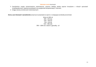 Matematyka z plusem dla gimnazjum
13
 Samodzielnie rozwija zainteresowania matematyczne, poszerza zdobytą wiedzę poprzez korzystanie z różnych opracowań
encyklopedycznych i popularnonaukowych oraz programów komputerowych i Internetu.
 Osiąga sukcesy w konkursach matematycznych.
Oceny z prac klasowych i sprawdzianów proponuje się wystawiać w oparciu o następujące przedziały procentowe:
Mniej niż 40% nd
40% – 54% dps
55% – 74% dst
75% – 91% db
92% – 98% bdb
99% – 100% tzw. zadanie z gwiazdką - cel
 