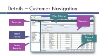 Details – Customer Navigation
                  Filter Criteria
                                    Customers
 Favorites



  Recent
  Activity                                Related
                                           Data

   Recent
  Records
 