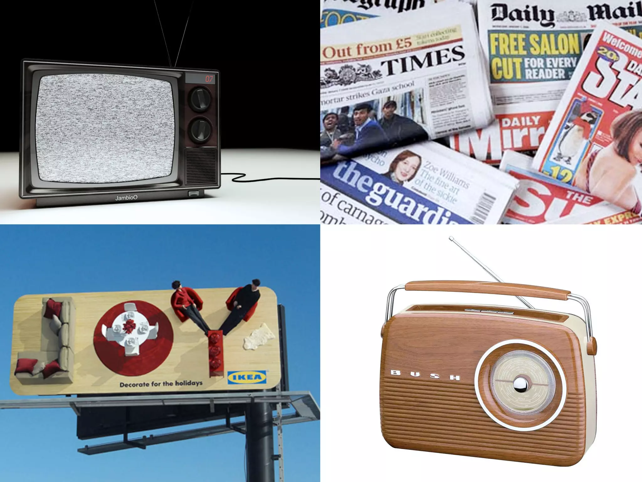 Television, newspaper, billboard and radio in situ 