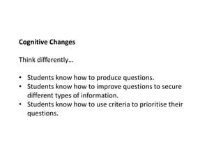 Cognitive Changes
Think differently…
• Students know how to produce questions.
• Students know how to improve questions to secure
different types of information.
• Students know how to use criteria to prioritise their
questions.
 