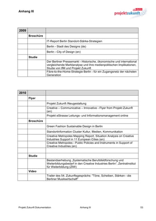 Anhang III	
  


	
  

   2009
          Broschüre
                         IT-Report Berlin Standort-Stärke-Strategien
                         Berlin - Stadt des Designs (de)
                         Berlin - City of Design (en)
          Studie
                         Der Berliner Pressemarkt - Historische, ökonomische und international
                         vergleichende Marktanalyse und ihre medienpolitischen Implikationen,
                         Studie von IfM und Projekt Zukunft
                         Fibre-to-the-Home-Strategie Berlin - für ein Zugangsnetz der nächsten
                         Generation
	
  

	
  

   2010
          Flyer
                         Projekt Zukunft /Neugestaltung
                         Creative – Communicative – Innovative - Flyer from Projekt Zukunft
                         (en)
                         Projekt eStrasse Leitungs- und Informationsmanagement online
          Broschüre
                         Green Fashion Sustainable Design in Berlin
                         Standortinformation Cluster Kultur, Medien, Kommunikation
                         Creative Metropoles Mapping Report, Situation Analysis on Creative
                         Industries Support in 11 European Cities (en)
                         Creative Metropoles - Public Policies and Instruments in Support of
                         Creative Industries (en)


          Studie
                         Bestandserhebung „Systematische Berufsfeldforschung und
                         Weiterbildungsbedarf in den Creative Industries Berlin“, Zentralinstitut
                         für Weiterbildung (ZIW)
          Video
                         Trailer des 54. Zukunftsgesprächs: "Töne, Scheiben, Stärken - die
                         Berliner Musikwirtschaft"




Projekt Zukunft Dokumentation                       Anhang III                                      53
 