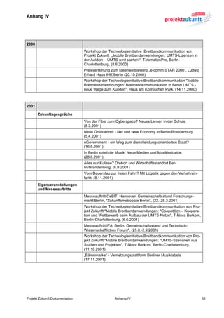 Anhang IV


	
  

2000
                                Workshop der Technologieinitiatve Breitbandkommunikation von
                                Projekt Zukunft „Mobile Breitbandanwendungen: UMTS-Lizenzen in
                                der Auktion – UMTS wird starten!“, TelematicsPro, Berlin-
                                Charlottenburg, (8.6.2000)
                                Preisverleihung zum Ideenwettbewerb „e-comm STAR 2000“, Ludwig
                                Erhard Haus IHK Berlin (20.10.2000)
                                Workshop der Technologieinitiative Breitbandkommunikation "Mobile
                                Breitbandanwendungen: Breitbandkommunikation in Berlin UMTS -
                                neue Wege zum Kunden", Haus am Köllnischen Park, (14.11.2000)
	
  

2001

       Zukunftsgespräche
                                Von der Fibel zum Cyberspace? Neues Lernen in der Schule.
                                (8.3.2001)
                                Neue Gründerzeit - Net und New Economy in Berlin/Brandenburg.
                                (5.4.2001)
                                eGovernment - ein Weg zum dienstleistungsorientierten Staat?
                                (16.5.2001)
                                In Berlin spielt die Musik! Neue Medien und Musikindustrie.
                                (28.6.2001)
                                Alles nur Kulisse? Drehort und Wirtschaftsstandort Ber-
                                lin/Brandenburg. (6.9.2001)
                                Vom Dauerstau zur freien Fahrt? Mit Logistik gegen den Verkehrsin-
                                farkt. (8.11.2001)
       Eigenveranstaltungen
       und Messeauftritte
                                Messeauftritt CeBIT, Hannover, Gemeinschaftsstand Forschungs-
                                markt Berlin, "Zukunftsmetropole Berlin", (22.-28.3.2001)
                                Workshop der Technologieinitiative Breitbandkommunikation von Pro-
                                jekt Zukunft "Mobile Breitbandanwendungen: "Coopetition – Koopera-
                                tion und Wettbewerb beim Aufbau der UMTS-Netze", T-Nova Berkom,
                                Berlin-Charlottenburg, (6.6.2001)
                                Messeauftritt IFA, Berlin, Gemeinschaftsstand und Technisch-
                                Wissenschaftliches Forum", (25.8.-2.9.2001)
                                Workshop der Technologieinitiative Breitbandkommunikation von Pro-
                                jekt Zukunft "Mobile Breitbandanwendungen: "UMTS-Szenarien aus
                                Studien und Projekten", T-Nova Berkom, Berlin-Charlottenburg,
                                (11.10.2001)
                                „Bärenmarke“ - Vernetzungsplattform Berliner Musiklabels
                                (17.11.2001)
	
  

	
  




Projekt Zukunft Dokumentation                     Anhang IV                                          56	
  
 