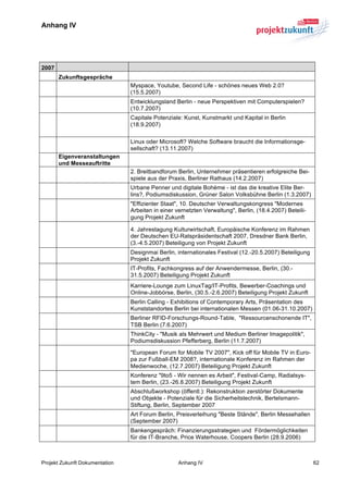 Anhang IV


	
  

2007
       Zukunftsgespräche
                                Myspace, Youtube, Second Life - schönes neues Web 2.0?
                                (15.5.2007)
                                Entwicklungsland Berlin - neue Perspektiven mit Computerspielen?
                                (10.7.2007)
                                Capitale Potenziale: Kunst, Kunstmarkt und Kapital in Berlin
                                (18.9.2007)

                                Linux oder Microsoft? Welche Software braucht die Informationsge-
                                sellschaft? (13.11.2007)
       Eigenveranstaltungen
       und Messeauftritte
                                2. Breitbandforum Berlin, Unternehmer präsentieren erfolgreiche Bei-
                                spiele aus der Praxis, Berliner Rathaus (14.2.2007)
                                Urbane Penner und digitale Bohème - ist das die kreative Elite Ber-
                                lins?, Podiumsdiskussion, Grüner Salon Volksbühne Berlin (1.3.2007)
                                "Effizienter Staat", 10. Deutscher Verwaltungskongress "Modernes
                                Arbeiten in einer vernetzten Verwaltung", Berlin, (18.4.2007) Beteili-
                                gung Projekt Zukunft

                                4. Jahrestagung Kulturwirtschaft, Europäische Konferenz im Rahmen
                                der Deutschen EU-Ratspräsidentschaft 2007, Dresdner Bank Berlin,
                                (3.-4.5.2007) Beteiligung von Projekt Zukunft
                                Designmai Berlin, internationales Festival (12.-20.5.2007) Beteiligung
                                Projekt Zukunft
                                IT-Profits, Fachkongress auf der Anwendermesse, Berlin, (30.-
                                31.5.2007) Beteiligung Projekt Zukunft
                                Karriere-Lounge zum LinuxTag/IT-Profits, Bewerber-Coachings und
                                Online-Jobbörse, Berlin, (30.5.-2.6.2007) Beteiligung Projekt Zukunft
                                Berlin Calling - Exhibitions of Contemporary Arts, Präsentation des
                                Kunststandortes Berlin bei internationalen Messen (01.06-31.10.2007)
                                Berliner RFID-Forschungs-Round-Table, "Ressourcenschonende IT",
                                TSB Berlin (7.6.2007)
                                ThinkCity - "Musik als Mehrwert und Medium Berliner Imagepolitik",
                                Podiumsdiskussion Pfefferberg, Berlin (11.7.2007)

                                "European Forum for Mobile TV 2007", Kick off für Mobile TV in Euro-
                                pa zur Fußball-EM 2008?, internationale Konferenz im Rahmen der
                                Medienwoche, (12.7.2007) Beteiligung Projekt Zukunft
                                Konferenz "9to5 - Wir nennen es Arbeit", Festival-Camp, Radialsys-
                                tem Berlin, (23.-26.8.2007) Beteiligung Projekt Zukunft
                                Abschlußworkshop (öffentl.): Rekonstruktion zerstörter Dokumente
                                und Objekte - Potenziale für die Sicherheitstechnik, Bertelsmann-
                                Stiftung, Berlin, September 2007
                                Art Forum Berlin, Preisverleihung "Beste Stände", Berlin Messehallen
                                (September 2007)
                                Bankengespräch: Finanzierungsstrategien und Fördermöglichkeiten
                                für die IT-Branche, Price Waterhouse, Coopers Berlin (28.9.2006)



Projekt Zukunft Dokumentation                      Anhang IV                                             62	
  
 
