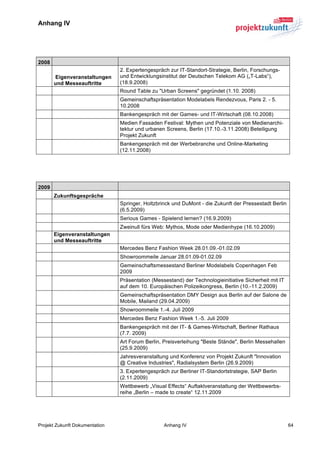 Anhang IV


	
  

2008
                                2. Expertengespräch zur IT-Standort-Strategie, Berlin, Forschungs-
       Eigenveranstaltungen     und Entwicklungsinstitut der Deutschen Telekom AG („T-Labs“),
       und Messeauftritte       (18.9.2008)
                                Round Table zu "Urban Screens" gegründet (1.10. 2008)
                                Gemeinschaftspräsentation Modelabels Rendezvous, Paris 2. - 5.
                                10.2008
                                Bankengespräch mit der Games- und IT-Wirtschaft (08.10.2008)
                                Medien Fassaden Festival: Mythen und Potenziale von Medienarchi-
                                tektur und urbanen Screens, Berlin (17.10.-3.11.2008) Beteiligung
                                Projekt Zukunft
                                Bankengespräch mit der Werbebranche und Online-Marketing
                                (12.11.2008)
	
  

	
  

2009
       Zukunftsgespräche
                                Springer, Holtzbrinck und DuMont - die Zukunft der Pressestadt Berlin
                                (6.5.2009)
                                Serious Games - Spielend lernen? (16.9.2009)
                                Zweinull fürs Web: Mythos, Mode oder Medienhype (16.10.2009)
       Eigenveranstaltungen
       und Messeauftritte
                                Mercedes Benz Fashion Week 28.01.09.-01.02.09
                                Showroommeile Januar 28.01.09-01.02.09
                                Gemeinschaftsmessestand Berliner Modelabels Copenhagen Feb
                                2009
                                Präsentation (Messestand) der Technologieinitiative Sicherheit mit IT
                                auf dem 10. Europäischen Polizeikongress, Berlin (10.-11.2.2009)
                                Gemeinschaftspräsentation DMY Design aus Berlin auf der Salone de
                                Mobile, Mailand (29.04.2009)
                                Showroommeile 1.-4. Juli 2009
                                Mercedes Benz Fashion Week 1.-5. Juli 2009
                                Bankengespräch mit der IT- & Games-Wirtschaft, Berliner Rathaus
                                (7.7. 2009)
                                Art Forum Berlin, Preisverleihung "Beste Stände", Berlin Messehallen
                                (25.9.2009)
                                Jahresveranstaltung und Konferenz von Projekt Zukunft "Innovation
                                @ Creative Industries", Radialsystem Berlin (26.9.2009)
                                3. Expertengespräch zur Berliner IT-Standortstrategie, SAP Berlin
                                (2.11.2009)
                                Wettbewerb „Visual Effects“ Auftaktveranstaltung der Wettbewerbs-
                                reihe „Berlin – made to create“ 12.11.2009




Projekt Zukunft Dokumentation                     Anhang IV                                             64	
  
 