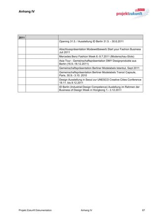 Anhang IV


	
  

	
  

2011
                                Opening 31.5. / Ausstellung ID Berlin 31.5. - 30.6.2011


                                Abschlusspräsentation Modewettbewerb Start your Fashion Business
                                Juli 2011
                                Mercedes Benz Fashion Week 6.-9.7.2011 (Modenschau-Slots)
                                Asia Tour - Gemeinschaftspräsentation DMY Designprodukte aus
                                Berlin (16.9.-18.12.2011)
                                Gemeinschaftspräsentation Berliner Modelabels Istanbul, Sept 2011
                                Gemeinschaftspräsentation Berliner Modelabels Tranoi/ Capsule,
                                Paris, 30.9.- 3.10. 2010
                                Design Ausstellung in Seoul zur UNESCO Creative Cities Conference
                                18.11. bis 8.12.2011
                                ID Berlin (Industrial Design Competence) Austellung im Rahmen der
                                Business of Design Week in Hongkong 1.- 3.12.2011
	
  




Projekt Zukunft Dokumentation                     Anhang IV                                         67	
  
 