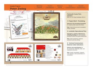 Sample Projects        Marketing     Creative    Writing &       Brand                Branded
                        Programs    Development    Editing    Communications         Entertainment
 Peter Zwieg
                                                               Falmouth Cruise Port,
                                                               Jamaica
                                                               IDEA, Inc. for Royal Caribbean (RCCL)


                                                               1. Project Brief - Permitting
                                                               National & City Permitting Submittals
                                                               for ongoing project approval phases.

                                                               Role: Client & Government consultation;
                                                               writing; submittal.

                                                               2. Landside Operational Plan
                                                               Operations, Logistics, Maintenance
                                                               & Staffing Strategy for client-operated
                                                               landside functions and guest experiences.
1.                 2.
                                                               Role: Client workshops; research;
                                                               operations planning; editing.


                                                               3. Vertical Construction
                                                               Exterior Color Selections
                                                               Exterior color specifications for
                                                               20 commercial, residential, retail, and
                                                               Operations structures.

                                                               Role: Vendor coordination; research;
                                                               color selection; client presentations &
                                                               consultation.




 3.
 