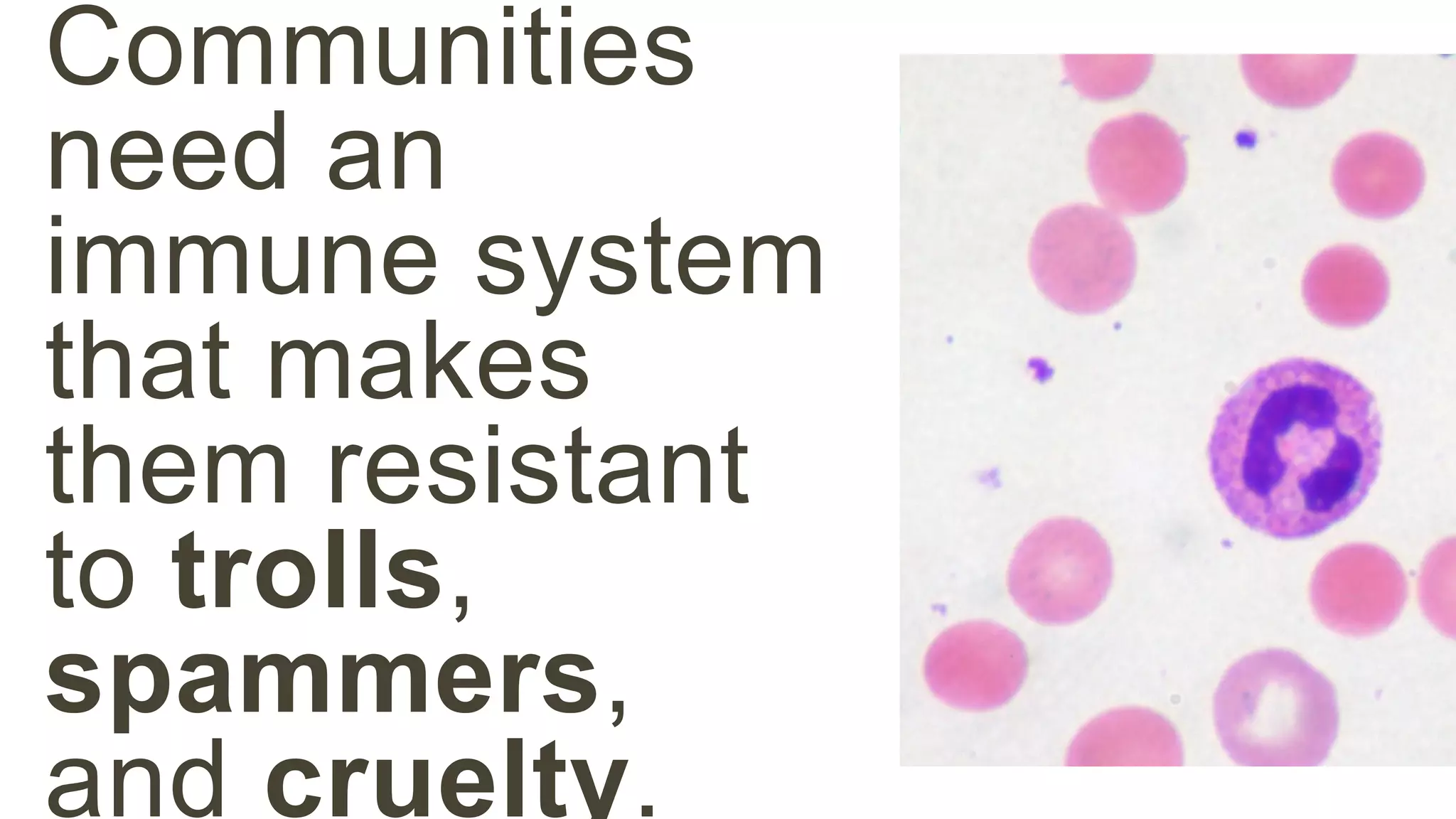 Communities 
need an 
immune system 
that makes 
them resistant 
to trolls, 
spammers, 
and cruelty. 
 