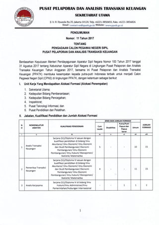 Pengumuman Seleksi CPNS Pusat Pelaporan dan Analisis Transaksi Keuangan (PPATK) TA. 2017