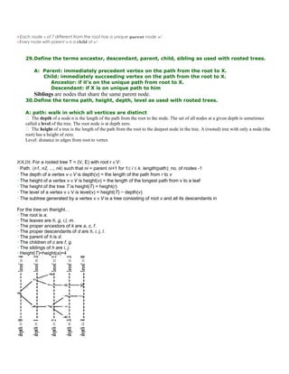 !! Each node v of T different from the root has a unique parent node w!
!! Every node with parent w is a child of w!
29.Define the terms ancestor, descendant, parent, child, sibling as used with rooted trees.
A: Parent: immediately precedent vertex on the path from the root to X.
Child: immediately succeeding vertex on the path from the root to X.
Ancestor: if it’s on the unique path from root to X.
Descendant: if X is on unique path to him
Siblings are nodes that share the same parent node.
30.Define the terms path, height, depth, level as used with rooted trees.
A: path: walk in which all vertices are distinct
 The depth of a node n is the length of the path from the root to the node. The set of all nodes at a given depth is sometimes
called a level of the tree. The root node is at depth zero.
 The height of a tree is the length of the path from the root to the deepest node in the tree. A (rooted) tree with only a node (the
root) has a height of zero.
Level: distance in edges from root to vertex
JOLDI: For a rooted tree T = (V, E) with root r ∈V:
• Path: 〈n1, n2, ..., nk〉 such that ni = parent ni+1 for 1≤ i ≤ k. length(path): no. of nodes -1
• The depth of a vertex v ∈V is depth(v) = the length of the path from r to v
• The height of a vertex v ∈V is height(v) = the length of the longest path from v to a leaf
• The height of the tree T is height(T) = height(r)
• The level of a vertex v ∈V is level(v) = height(T) − depth(v)
• The subtree generated by a vertex v ∈V is a tree consisting of root v and all its descendants in
For the tree on theright…
• The root is a.
• The leaves are h, g, i,l, m.
• The proper ancestors of k are a, c, f.
• The proper descendants of d are h, i, j, l.
• The parent of h is d.
• The children of c are f, g.
• The siblings of h are i, j.
• Height(T)=height(a)=4
 