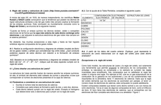 4. Regla del octeto y estructura de Lewis (http://www.youtube.com/watch?
v=uvZCFupdI4U&feature=related)
A inicios del siglo XX, en 1916, de manera independiente, los científicos Walter
Kossel y Gilbert Lewis concluyeron que la tendencia que poseen los átomos de
lograr estructuras similares a las del gas noble más cercano explica la formación
de los enlaces químicos. Esta conclusión es mundialmente conocida como la
Regla del Octeto y se enuncia de la siguiente manera:
“Cuando se forma un enlace químico los átomos reciben, ceden o comparten
electrones de tal forma que la capa más externa de cada átomo contenga ocho
electrones, y así adquiere la estructura electrónica del gas noble más cercano en
el sistema periódico”.
No obstante, hay muchas excepciones a esta regla y hasta se han logrado
sintetizar algunos compuestos de los gases nobles.
A.1. Realice la configuración electrónica y diagrama de orbitales (modelo de Bohr)
de los gases nobles y señale que coincidencias hay entre éstas. ¿Qué conducta
podemos esperar de estos átomos con relación a la formación de enlaces
químicos?
.A.2. Basados en la configuración electrónica y diagrama de orbitales (modelo de
Bohr) del Ca++
, S2-
, C++
, Al3+
, Cu2+
, indique cuál de estas especies cumple con la
regla del octeto.
4.1 ¿Cómo diseñar una estructura de Lewis?
La estructura de Lewis permite ilustrar de manera sencilla los enlaces químicos,
en ella, el símbolo del elemento está rodeado de puntos o pequeñas cruces que
corresponden al número de electrones presentes en la capa de valencia.
4.2 Parámetros a considerar en una estructura de Lewis
• Escriba el número total de electrones de valencia.
• Considera que cada enlace se formará a partir de dos, y solo dos, átomos.
• Cada átomo deberá cumplir con la regla del octeto. Excepto el hidrógeno
que deberá tener solo 2 electrones para cumplir con la regla del dueto.
A.3. Con la ayuda de la Tabla Periódica, completa el siguiente cuadro.
ELEMENTO
CONFIGURACIÓN
ELECTRÓNICA
ELECTRONES
DE VALENCIA
ESTRUCTURA DE LEWIS
LITIO 1s2
2s1
1 Li*
MAGNESIO
COBRE
POLONIO
CALCIO
ORO
XENÓN
CLORO
FÓSFORO
HIERRO
A.4. A partir de los datos del cuadro anterior. Explique ¿qué representa la
estructura de Lewis relacionada con la regla del octeto para cada átomo
analizado?
Excepciones a la regla del octeto
Como todo modelo, las estructuras de Lewis y la regla del octeto, son solamente
una herramienta que permite proponer la estructura de los compuestos. Sin
embargo, la naturaleza es complicada y no siempre se cumplen las reglas
inventadas para simplificarla. Hay compuestos que no satisfacen la regla del
octeto ni ninguna otra regla. Por ejemplo el NO, que es un gas subproducto de la
combustión de la gasolina en los automóviles y uno de los contaminantes más
importantes de la atmósfera, tiene 11 electrones de valencia. Dado que la regla
del octeto demanda que los electrones se acomoden por parejas, al tener un
número impar de electrones de valencia, este compuesto no puede satisfacerla.
Existen compuestos estables que tienen como átomo central a uno con menos de
ocho electrones. Tal es el caso de algunos compuestos de boro, como el trifloruro
de boro. El boro tiene tres electrones de valencia, que al compartirse con los
electrones del flúor completa seis electrones a su alrededor. Figura 1.
4
 