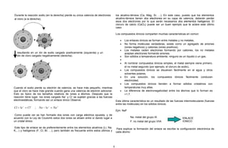 Durante la reacción sodio (en la derecha) pierde su única valencia de electrones
al cloro (a la derecha),
resultando en un ión de sodio cargado positivamente (izquierda) y un
ión de cloro cargado negativamente (derecha).
Cuando el sodio pierde su electrón de valencia, se hace más pequeño, mientras
que el cloro se hace más grande cuando gana una valencia de electrón adicional.
Esto es típico de los tamaños relativos de iones a átomos. Después que la
reacción tiene lugar, los iones cargado Na+
y Cl-
se sujetan gracias a las fuerzas
electroestáticas, formando así un enlace iónico Observe:
Como puede ver se han formado dos iones con carga eléctrica opuesta, y de
acuerdo con la Ley de Coulomb estos dos iones se atraen entre sí dando lugar a
un cristal iónico.
Este tipo de enlace se da preferentemente entre los elementos alcalinos (Li, Na,
K,...) y halógenos (F, Cl, Br, ...), pero también es frecuente entre estos últimos y
los alcalino-térreos (Ca, Mag, Sr, ...). En este caso, puesto que los elementos
alcalino-térreos tienen dos electrones en su capa de valencia, deberán perder
esos dos electrones por lo que serán necesarios dos elementos halógenos. El
cloruro de calcio (CaCl2) puede ser un buen ejemplo que te aclare este último
caso.
Los compuestos iónicos comparten muchas características en común:
• Los enlaces iónicos se forman entre metales y no metales,
• No forma moléculas verdaderas, existe como un agregado de aniones
(iones negativos) y cationes (iones positivos).
• Los metales ceden electrones formando por cationes, los no metales
aceptan electrones formando aniones.
• Son sólidos a temperatura ambiente, ninguno es un líquido o un gas.
•
• Al nombrar compuestos iónicos simples, el metal siempre viene primero,
el no metal segundo (por ejemplo, el cloruro de sodio),
• Los compuestos iónicos se disuelven fácilmente en el agua y otros
solventes polares,
• En una solución, los compuestos iónicos fácilmente conducen
electricidad,
• Los compuestos iónicos tienden a formar sólidos cristalinos con
temperaturas muy altas.
• La diferencia de electronegatividad entre los átomos que lo forman es
>1.7.
Esta última característica es un resultado de las fuerzas intermoleculares (fuerzas
entre las moléculas) en los sólidos iónicos.
Ejm: NaF
Na: metal del grupo IA ENLACE
IONICOF: no metal del grupo VIIA
Para explicar la formación del enlace se escribe la configuración electrónica de
cada átomo:
6
 