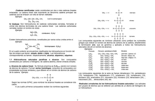 -Cadenas ramificadas: están constituidas por dos o más cadenas lineales
enlazadas. La cadena lineal más importante se denomina cadena principal; las
cadenas que se enlazan con ella se llaman radicales.
Ejemplo:
b) Cíclicos: Son hidrocarburos de cadenas carbonadas cerradas, formadas al
unirse dos átomos terminales de una cadena lineal. Las cadenas carbonadas
cerradas reciben el nombre de ciclos.
Ejemplo:
Existen hidrocarburos policíclicos, constituidos por varios ciclos unidos entre sí.
Ejemplo:
En el cuadro anterior se encuentran clasificados los hidrocarburos en función del
tipo de enlace que tienen: simple, doble o triple. Los hidrocarburos
correspondientes se llaman, respectivamente, alcanos, alquenos y alquinos.
1.1 Hidrocarburos saturados parafinas o alcanos: Son compuestos
constituidos por carbono e hidrógeno, de cadena abierta y tienen enlaces simples.
a. Alcanos de cadena lineal. Su fórmula empírica es CnH2n+2, siendo n el número
de átomos de carbono. Forman series homólogas, conjuntos de compuestos con
propiedades químicas similares y que difieren en el número de átomos de carbono
de la cadena. Ejemplo:
Según las normas IUPAC, para nombrar los alcanos lineales se consideran dos
casos:
• Los cuatro primeros compuestos reciben los nombres siguientes:
Los compuestos siguientes se nombran utilizando como prefijos los numerales
griegos que indican el número de átomos de carbono de la cadena, añadiéndoles
la terminación ano, que es genérica y aplicada a todos los hidrocarburos
saturados (de ahí el nombre de alcanos).
Ejemplos:
Los compuestos siguientes de la serie se llaman tetradecano (14), pentadecano
(15), hexadecano (16), heptadecano (17), octadecano (18), nonadecano (19),
eicosano (20), eneicosano (21), docosano (22), tricosano (23), tetracosano (24)...,
triacontano (30)..., tetracontano (40), etc.
-Radicales univalentes de los hidrocarburos lineales saturados: Los radicales
son grupos de átomos que se obtienen por pérdida de un átomo de hidrógeno de
un hidrocarburo.
5
 